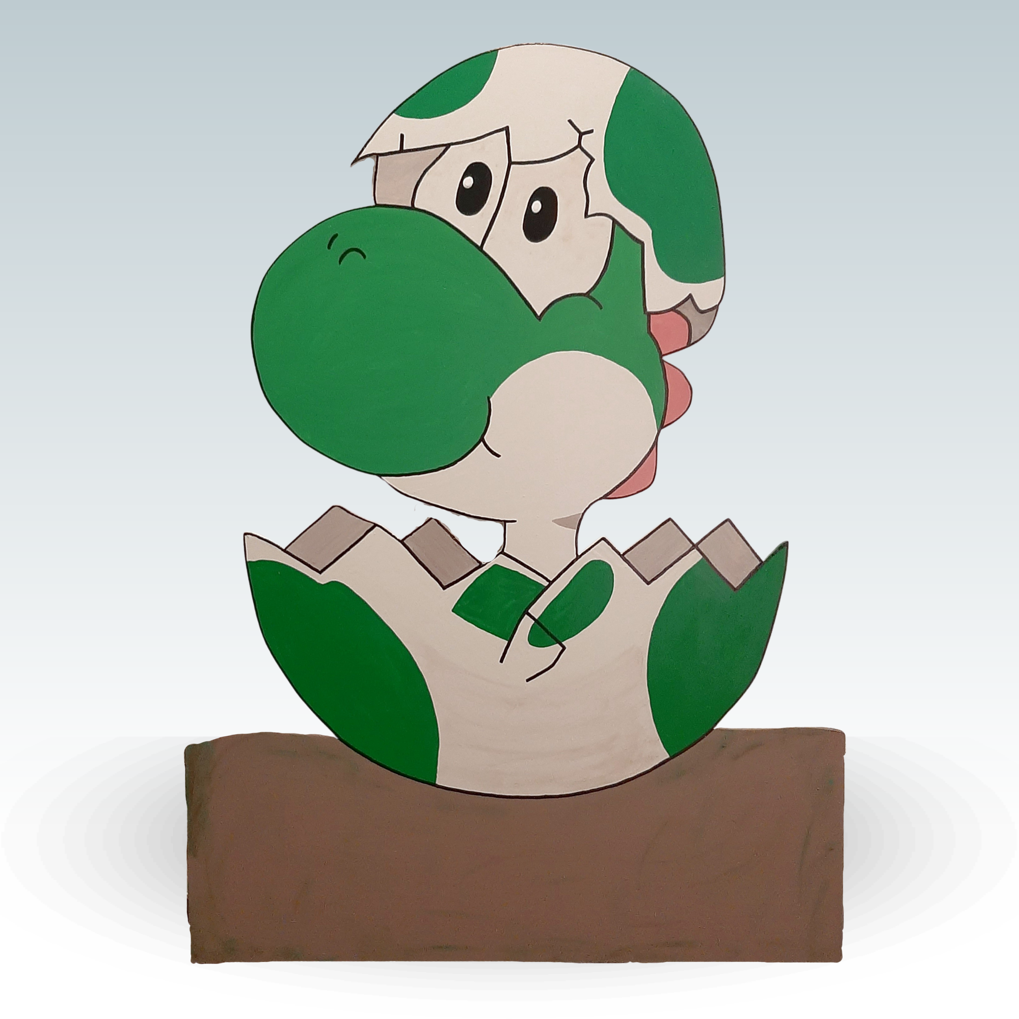 Geburtsschild/Babytafel in Form von Yoshi von Super Mario. Handgefertigt von Franziska Barmettler, Geburtstafeln Luzern, in Root.