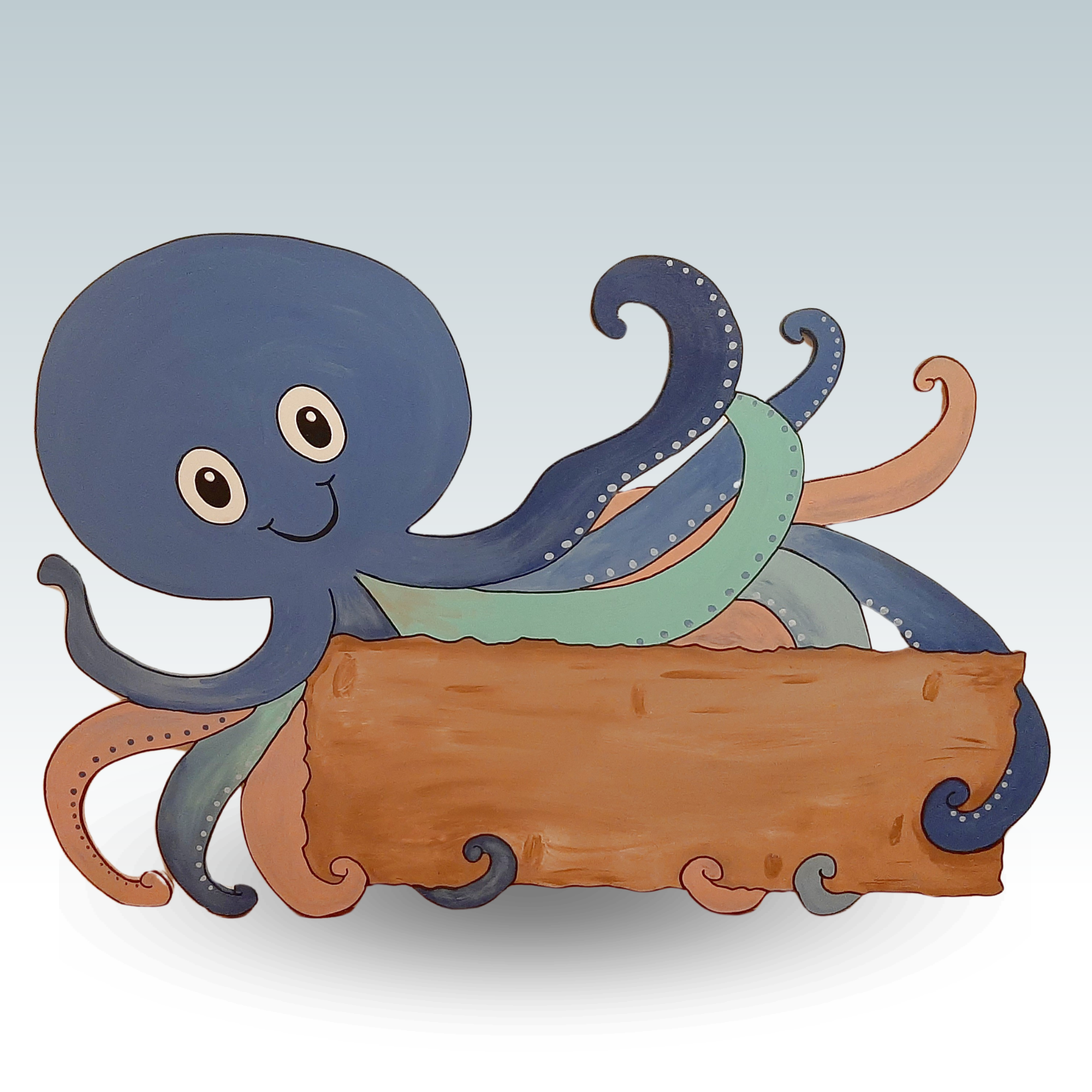 Geburtsschild/Babytafel in Form eines Oktopus. Handgefertigt von Franziska Barmettler, Geburtstafeln Luzern, in Root.