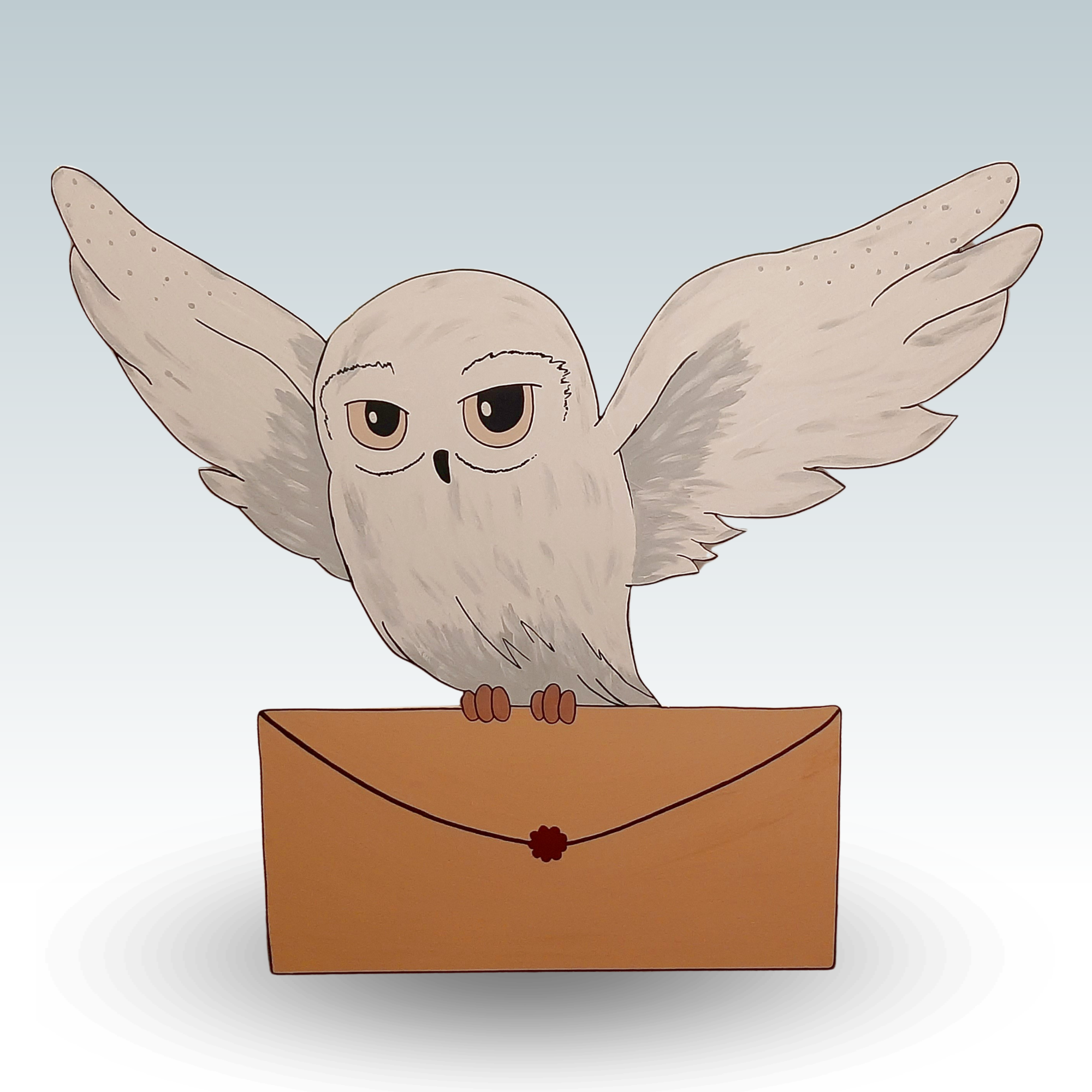 Geburtsschild/Babytafel in Form einer Eule aus Harry Potter. Handgefertigt von Franziska Barmettler, Geburtstafeln Luzern, in Root.