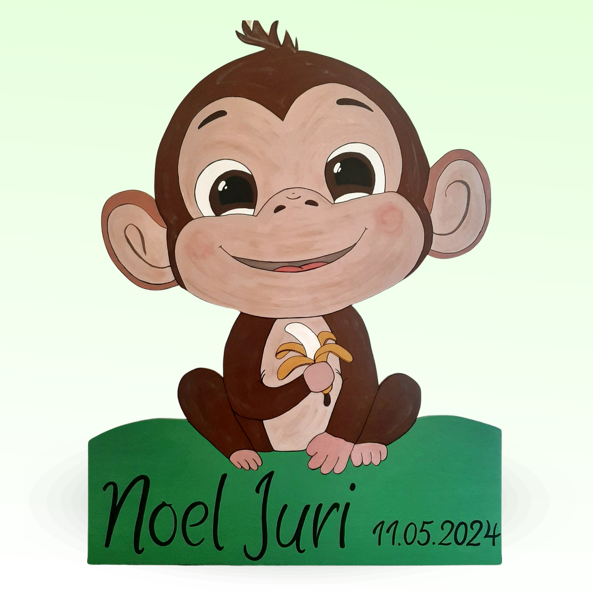 Geburtstafel/Babytafel in Form eines Baby-Affen mit Banane. Handgefertigt von Franziska Barmettler, Geburtstafeln Luzern, in Root.
