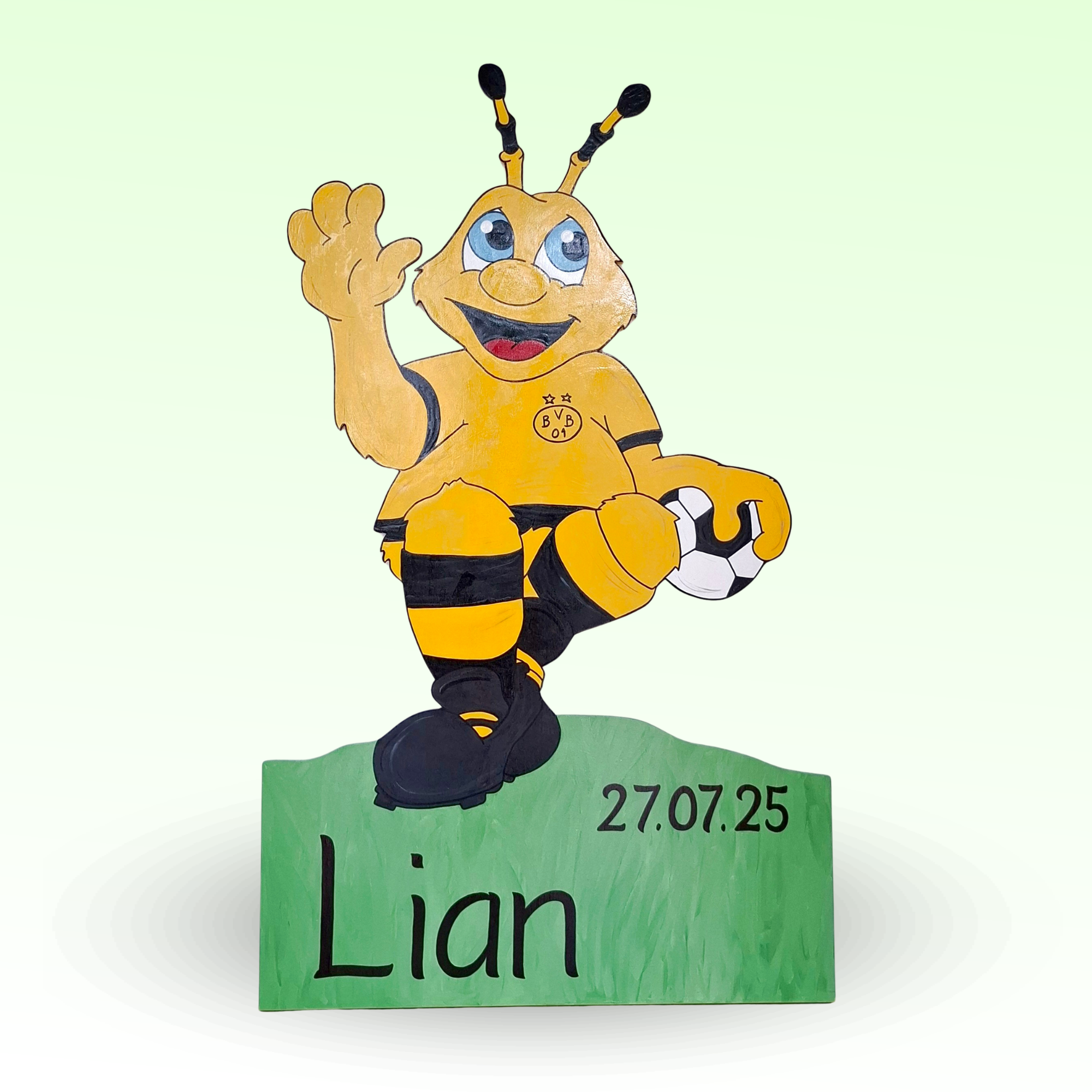 Geburtstafel/Babytafel in Form eines Stromers/Elektrikers. Handgefertigt von Franziska Barmettler, Geburtstafeln Luzern, in Root.